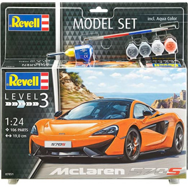 KIT PARA MONTAR REVELL MODEL SET CARRO MCLAREN 570S 1/24 106 PEÇAS COMPLETO COM TINTAS COLA E PINCEL REV 67051